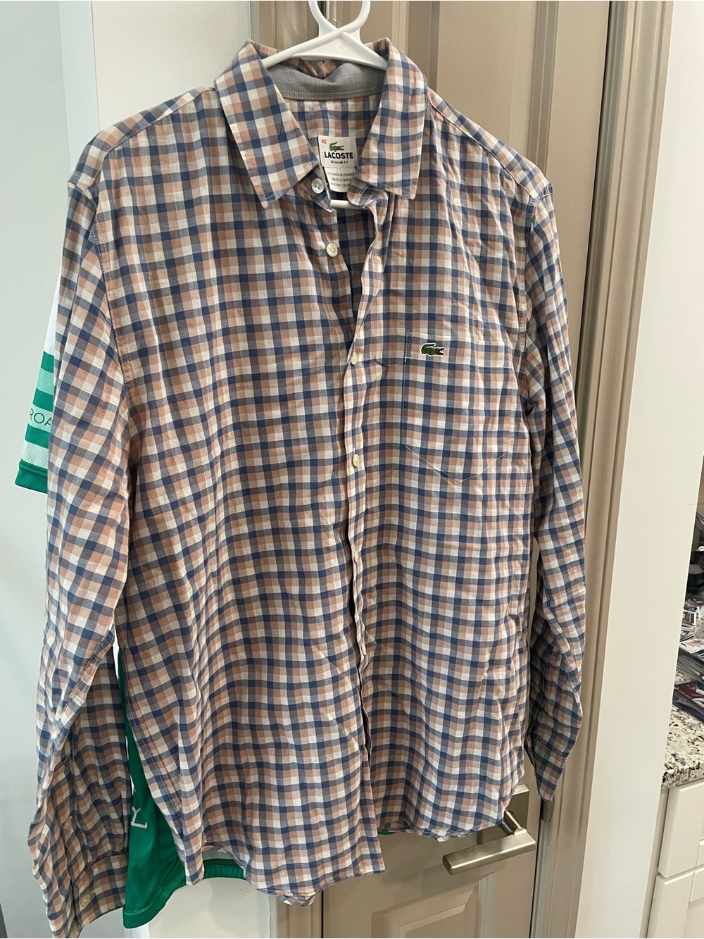 Lacoste Men's Blue and Tan Plaid Long-Sleeve Button-Down Shirt